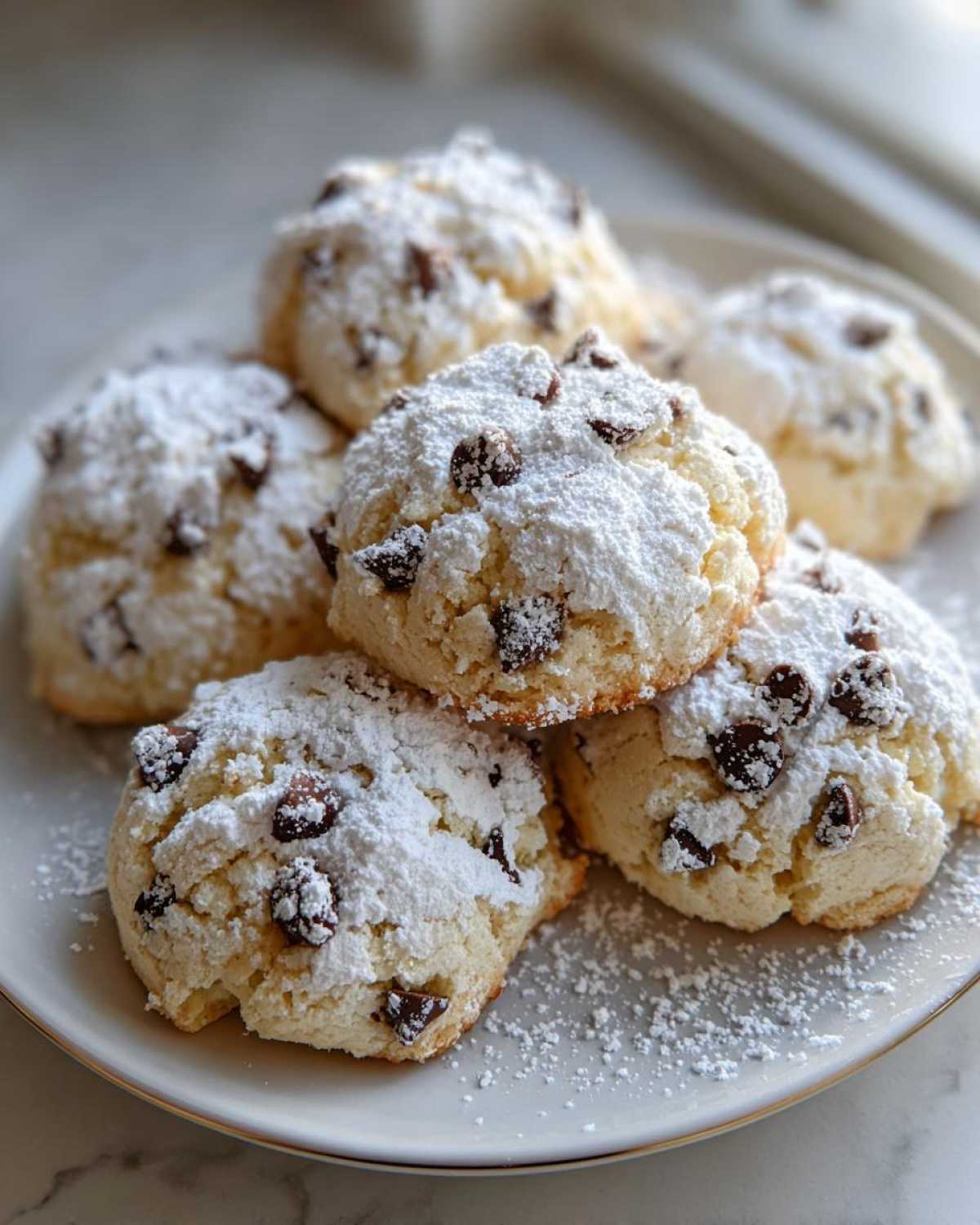 A stack of freshly baked cannoli cookies generously dusted with powdered sugar and studded with mini chocolate chips.