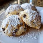 Four delicious cannoli cookies dusted heavily with powdered sugar and containing visible chocolate chips.