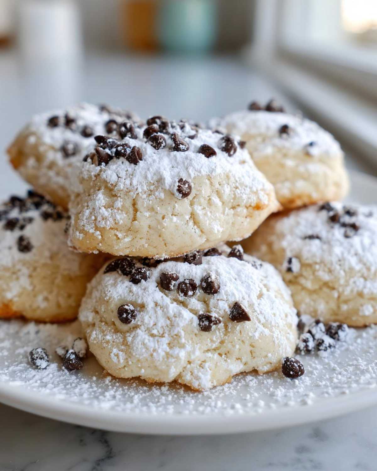 A stack of soft, pale cannoli cookies dusted heavily with powdered sugar and mini chocolate chips.