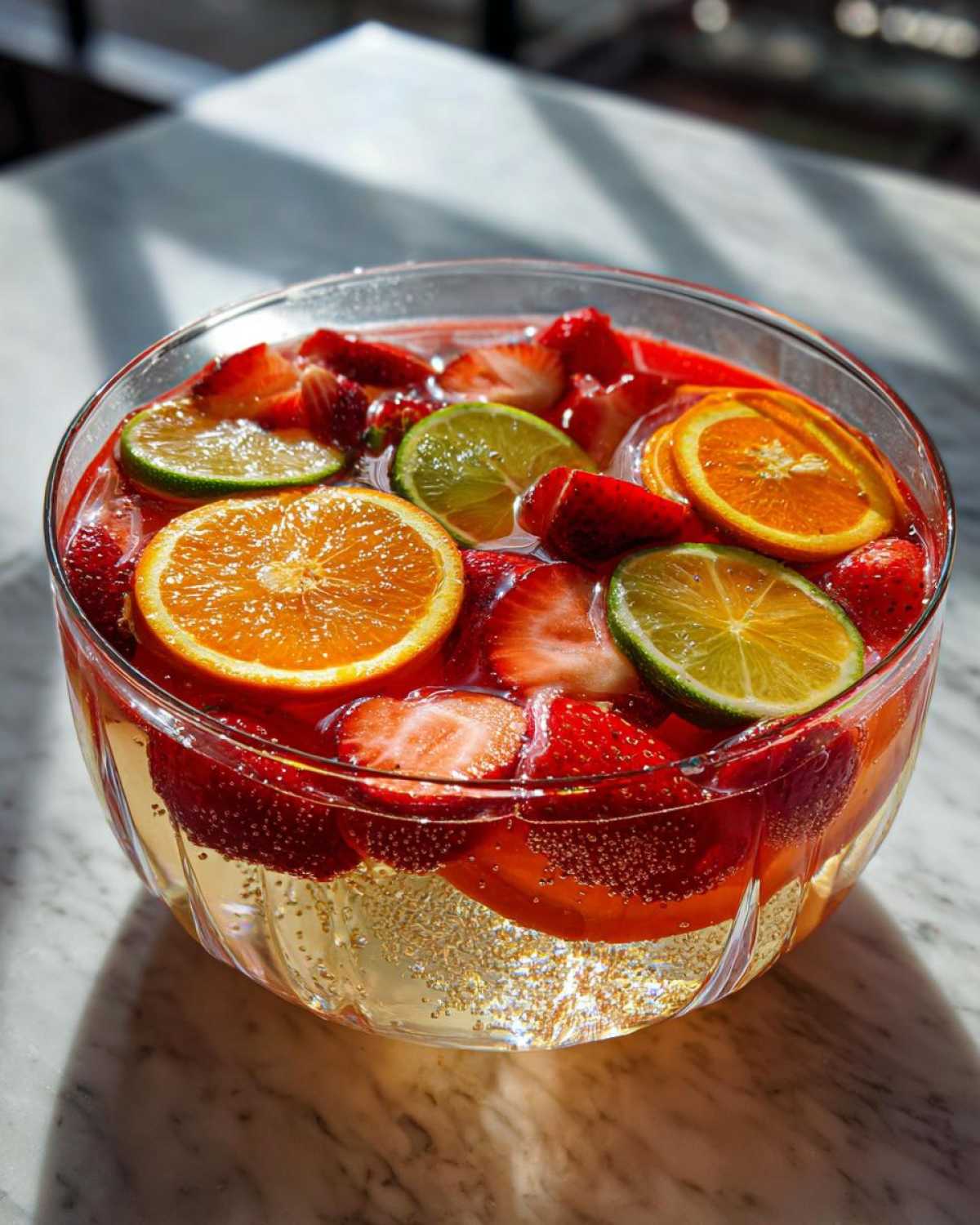 Close-up of a glass bowl filled with bubbling champagne punch, loaded with sliced strawberries, oranges, and limes.