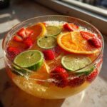 A clear glass bowl filled with bubbly champagne punch garnished generously with slices of orange, lime, and strawberries.