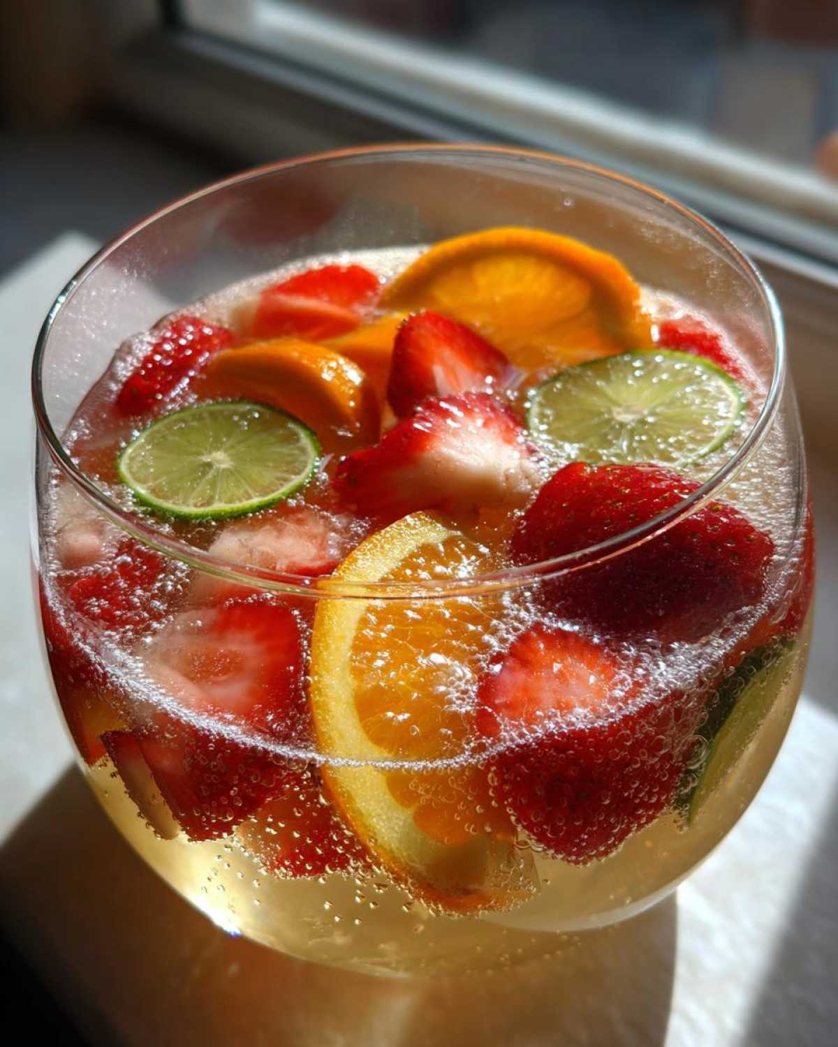 Close-up of a glass filled with bubbly champagne punch, loaded with sliced strawberries, oranges, and limes.