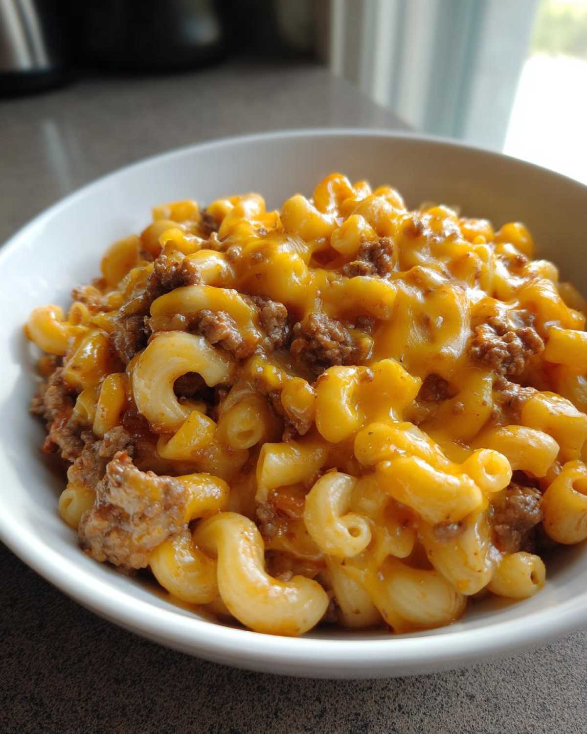 A close-up of a white bowl filled with cheesy cheeseburger casserole featuring elbow macaroni and ground beef.