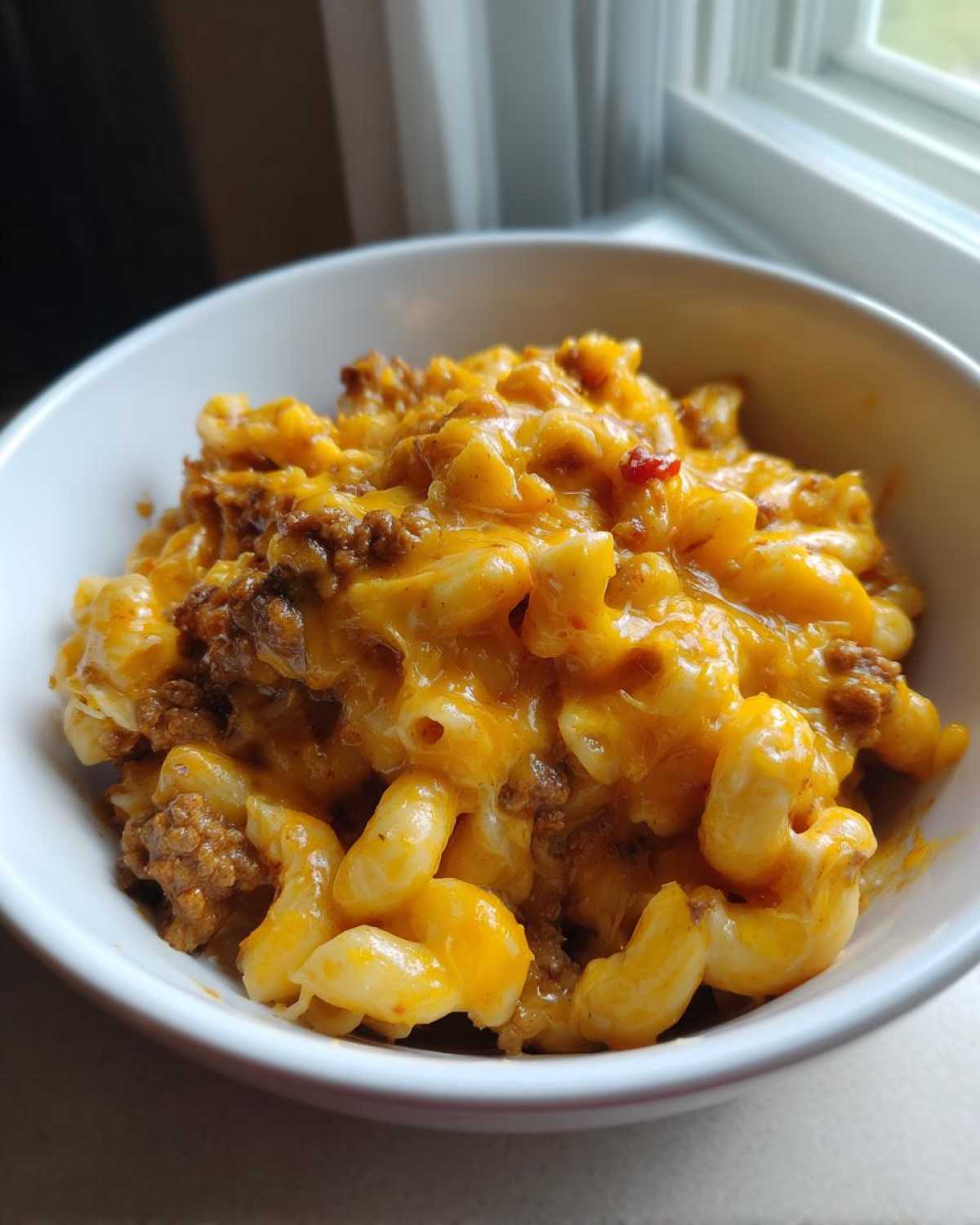 A close-up of a white bowl filled with creamy, cheesy cheeseburger casserole featuring macaroni pasta and ground beef.