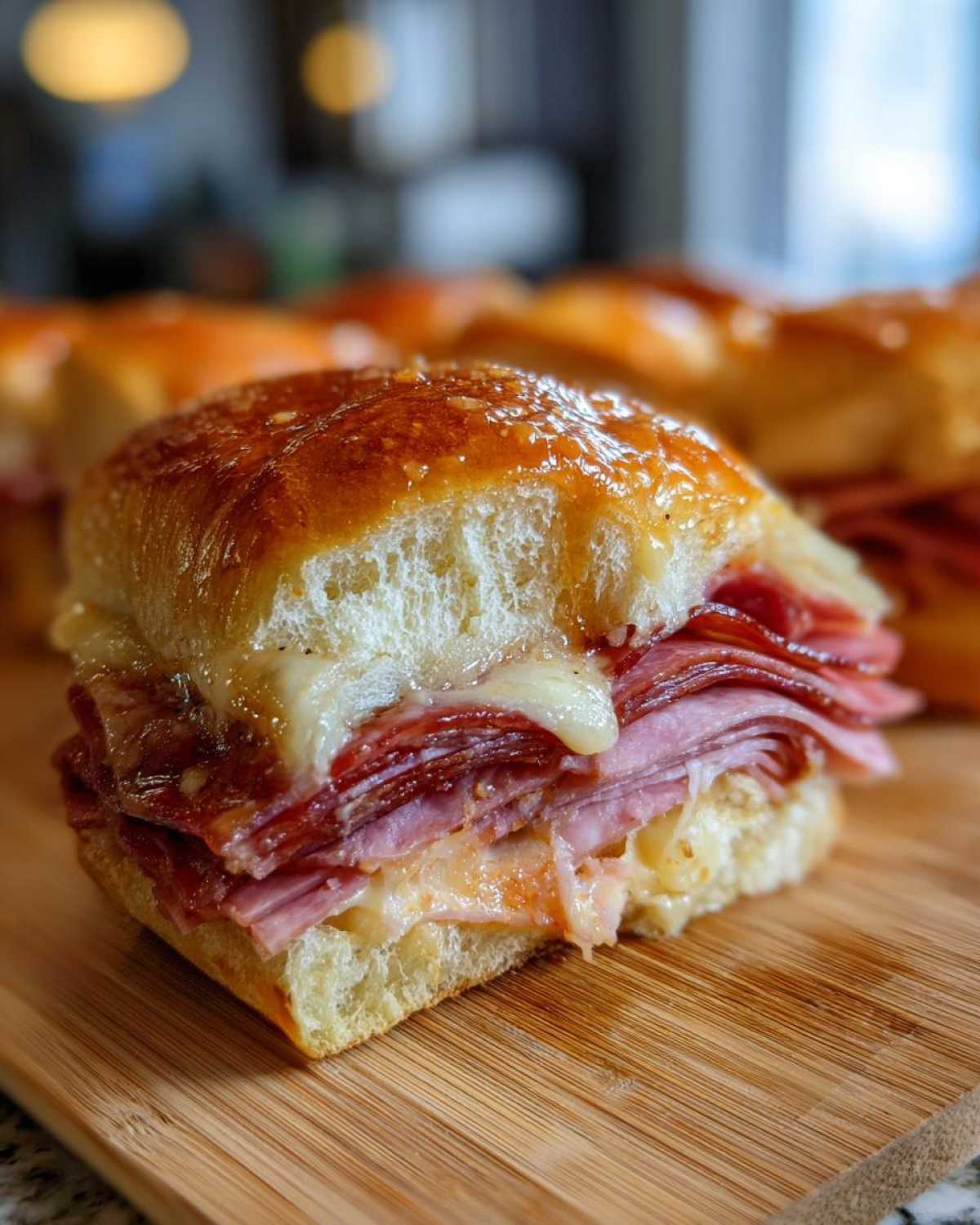 A close-up of a baked grinder slider cut in half, showing layers of melted cheese and deli meats on a glossy bun.