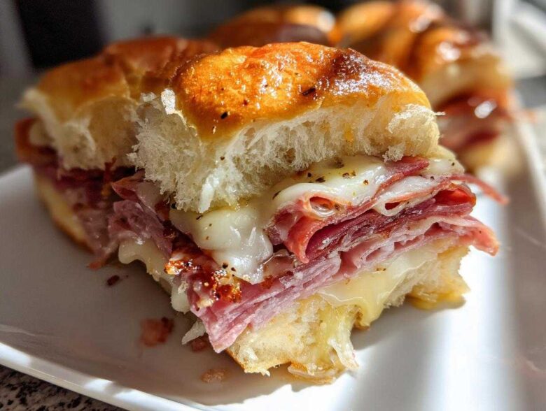 Close-up of a cheesy, baked grinder slider filled with layers of deli meat and melted provolone cheese.