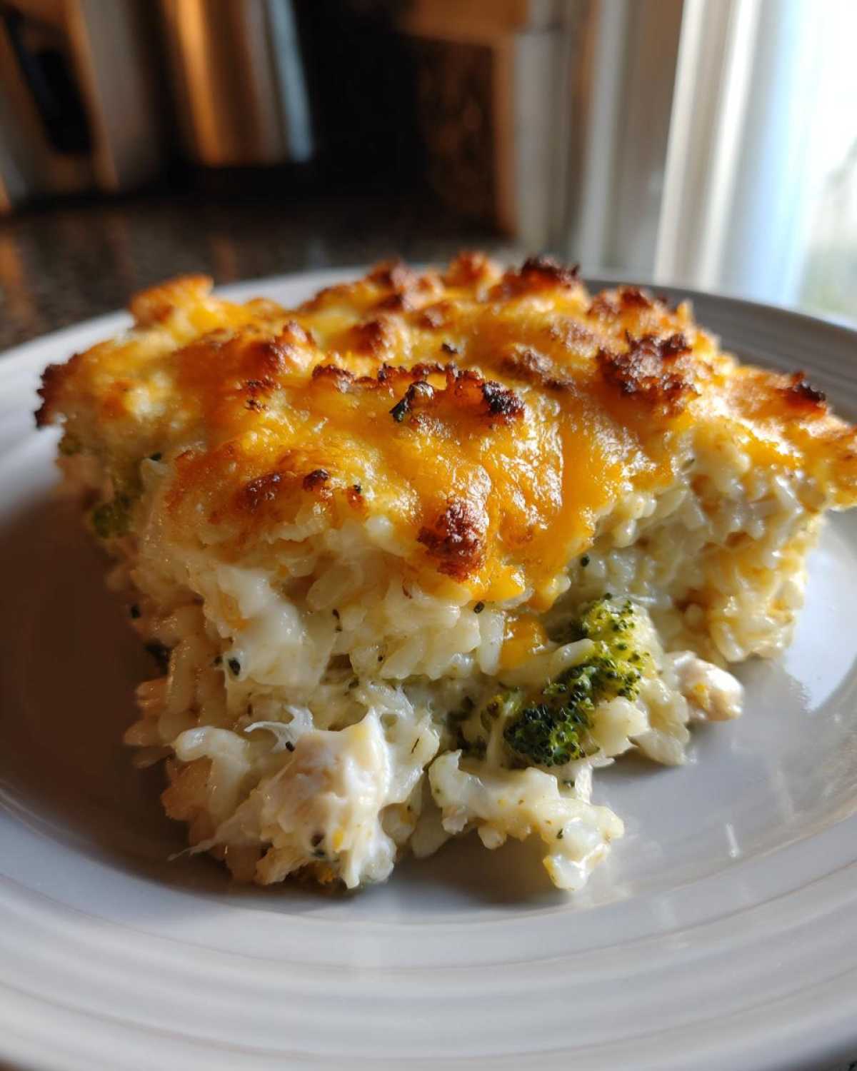 Close-up of a serving of creamy rice casserole with broccoli and a bubbly, browned cheddar cheese topping.
