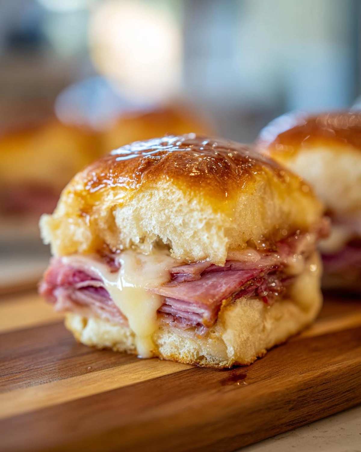 A close-up of a freshly baked grinder slider filled with ham and melted cheese, sitting on a wooden board.