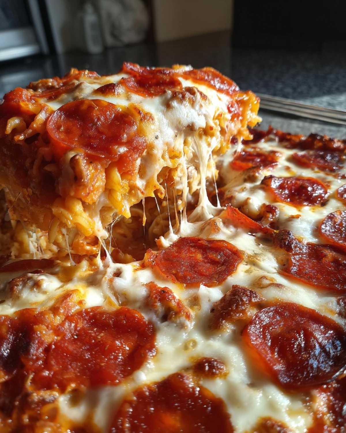 A serving of pizza pasta being lifted, showing extreme cheese pull and pepperoni topping.