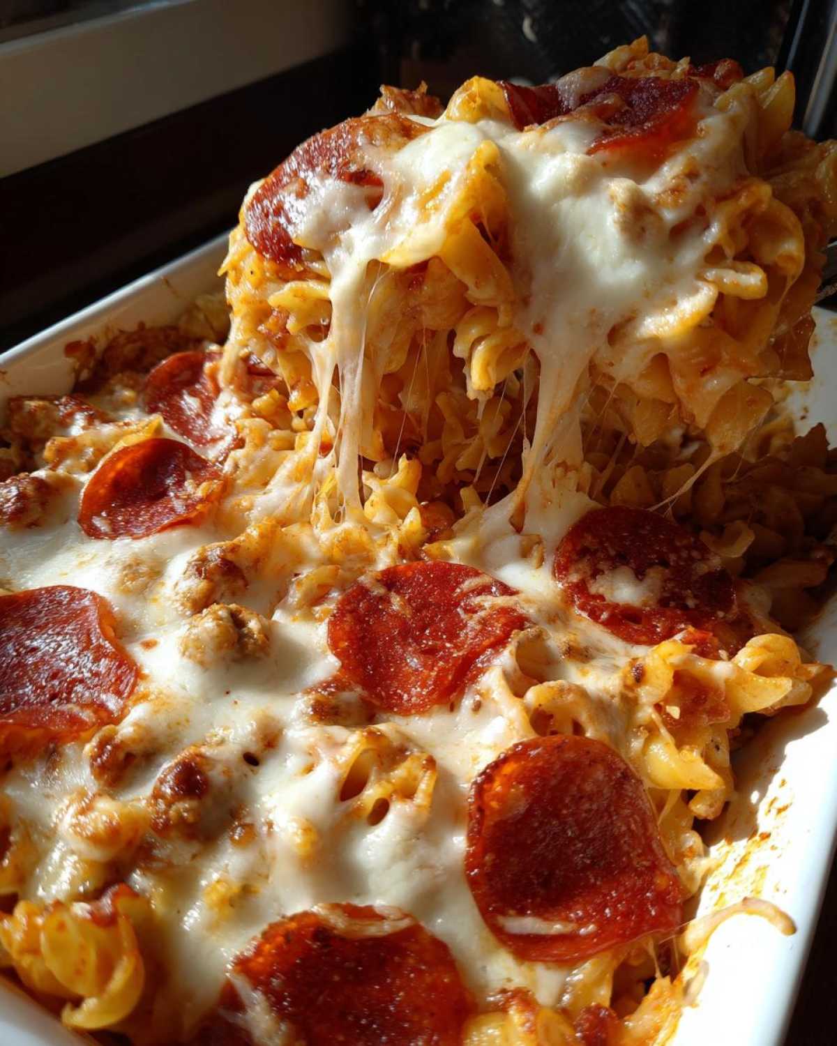 A serving spoon lifts a portion of cheesy pizza pasta, showing long cheese pulls over pepperoni and baked pasta.