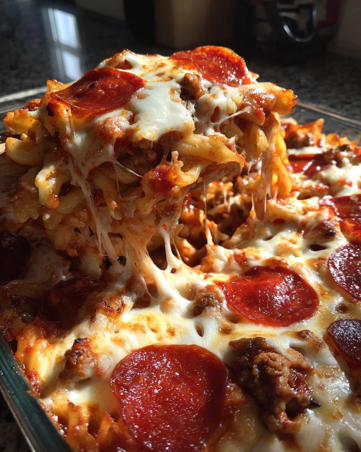 A serving spoon lifts a cheesy, saucy portion of pizza pasta, showing extreme cheese pull over the baked pepperoni and pasta.