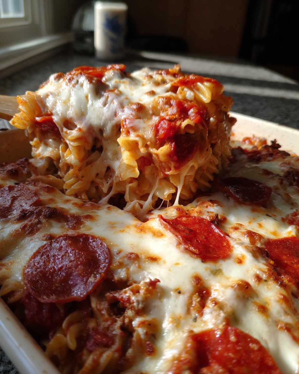 A scoop of baked pizza pasta being lifted from the dish, showing melted, stringy mozzarella cheese and pepperoni slices.
