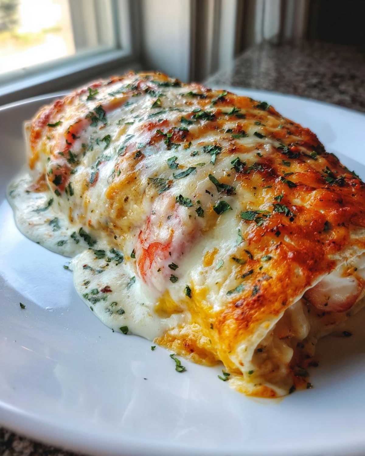 Close-up of a baked shrimp enchiladas covered in melted, bubbly cheese and sprinkled with fresh parsley.