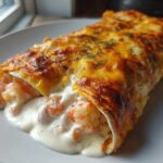 Close-up of a baked shrimp enchilada covered in melted cheddar cheese, showing creamy shrimp filling spilling out.