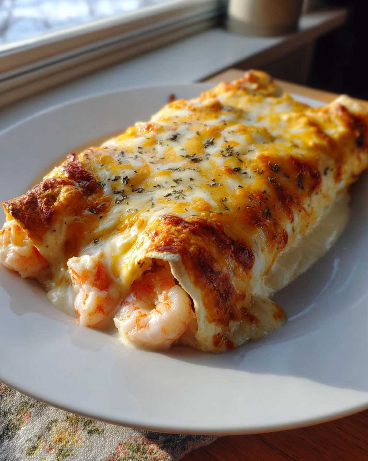Two baked shrimp enchiladas covered in melted, browned cheese and herbs, with visible shrimp filling.