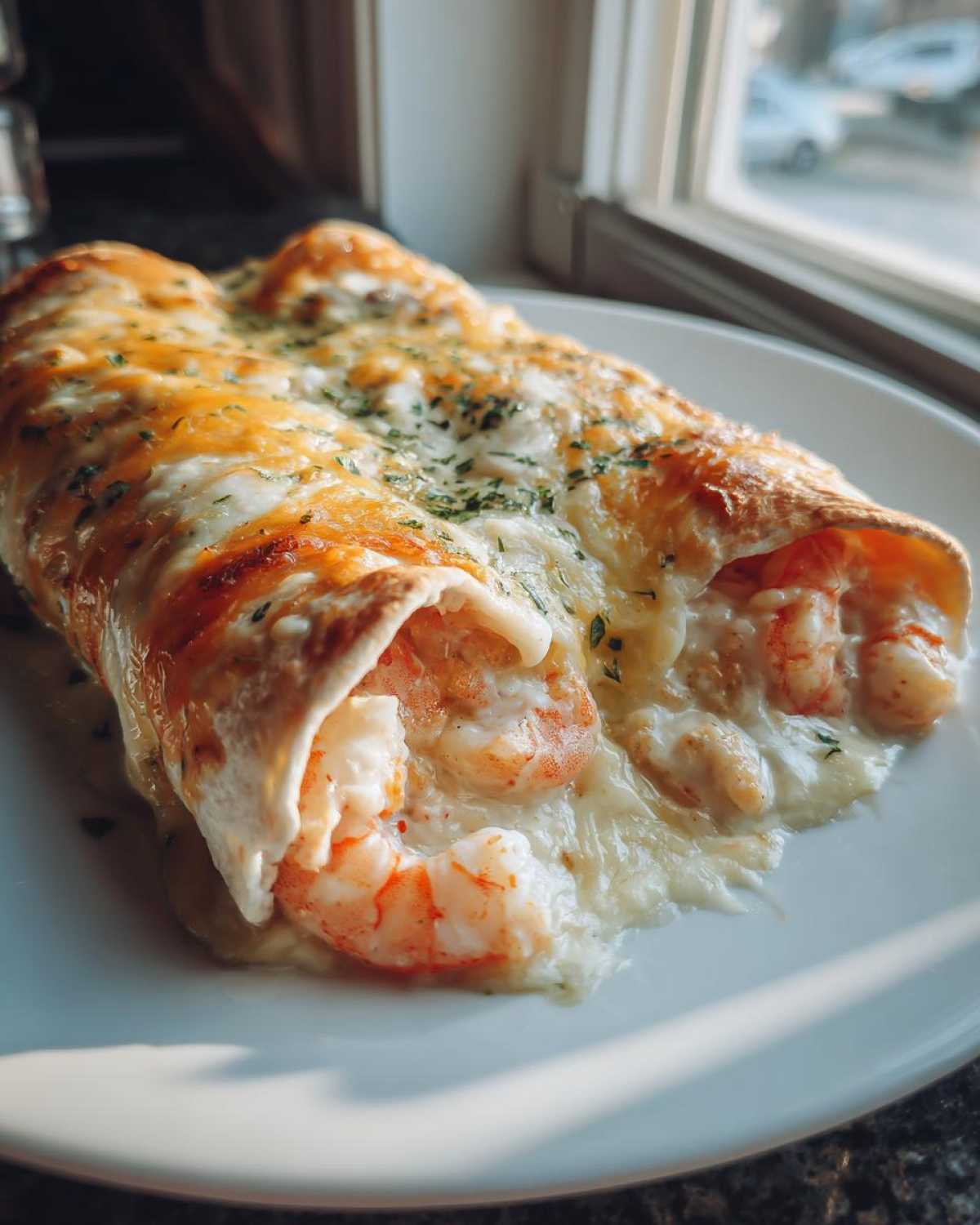 Two creamy shrimp enchiladas covered in melted white and orange cheese and sprinkled with herbs.