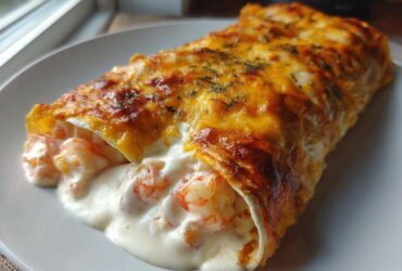 Close-up of a baked shrimp enchilada covered in melted cheddar cheese, showing creamy shrimp filling spilling out.