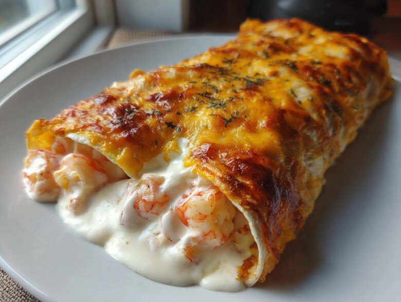 Close-up of a baked shrimp enchilada covered in melted cheddar cheese, showing creamy shrimp filling spilling out.