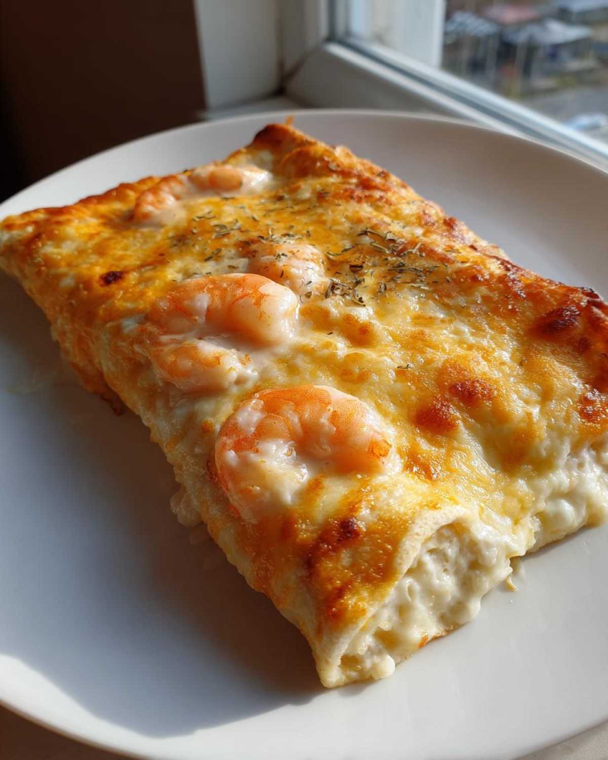 A close-up of a baked slice of shrimp enchiladas, covered in melted, browned cheese and topped with visible shrimp.