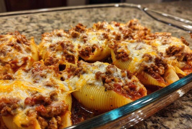 Close-up of baked stuffed shells topped with meat sauce and melted cheese in a clear glass baking dish.