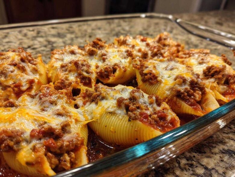 Close-up of baked stuffed shells topped with meat sauce and melted cheese in a clear glass baking dish.