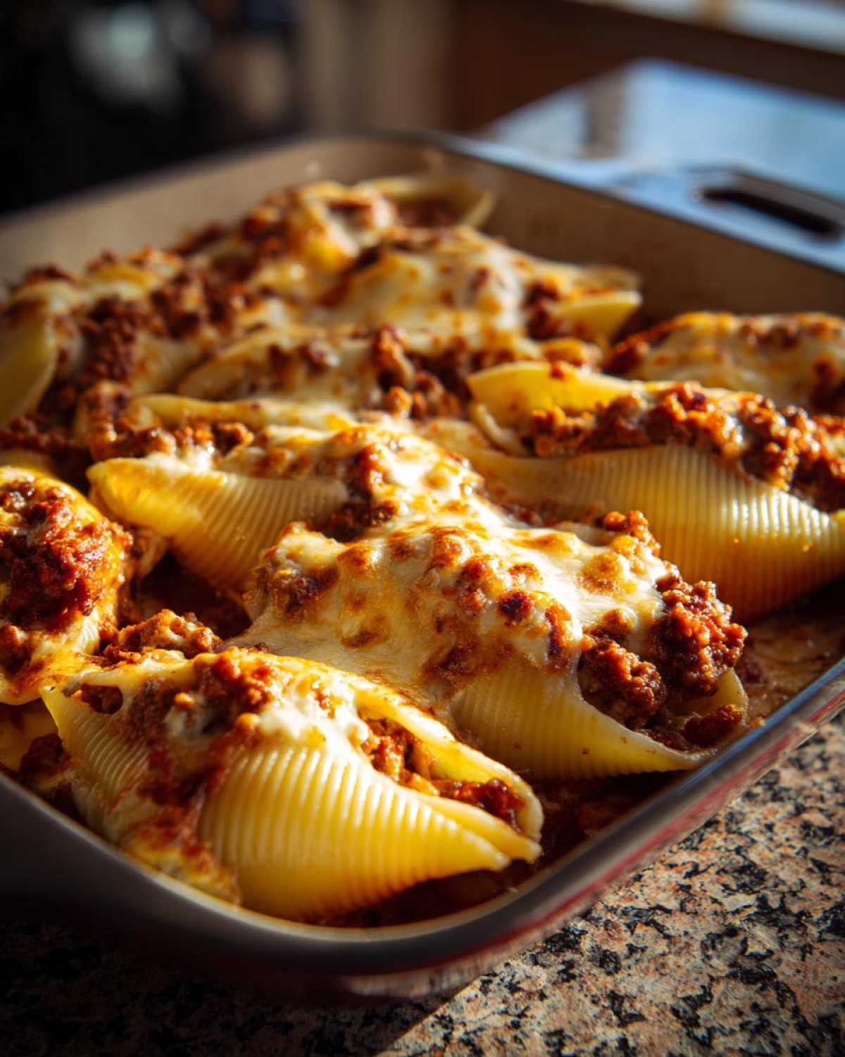 Close-up of baked stuffed shells overflowing with meat sauce and melted cheese, ready to serve.