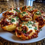 A plate of baked stuffed shells covered in rich meat sauce and melted mozzarella cheese, garnished with parsley.
