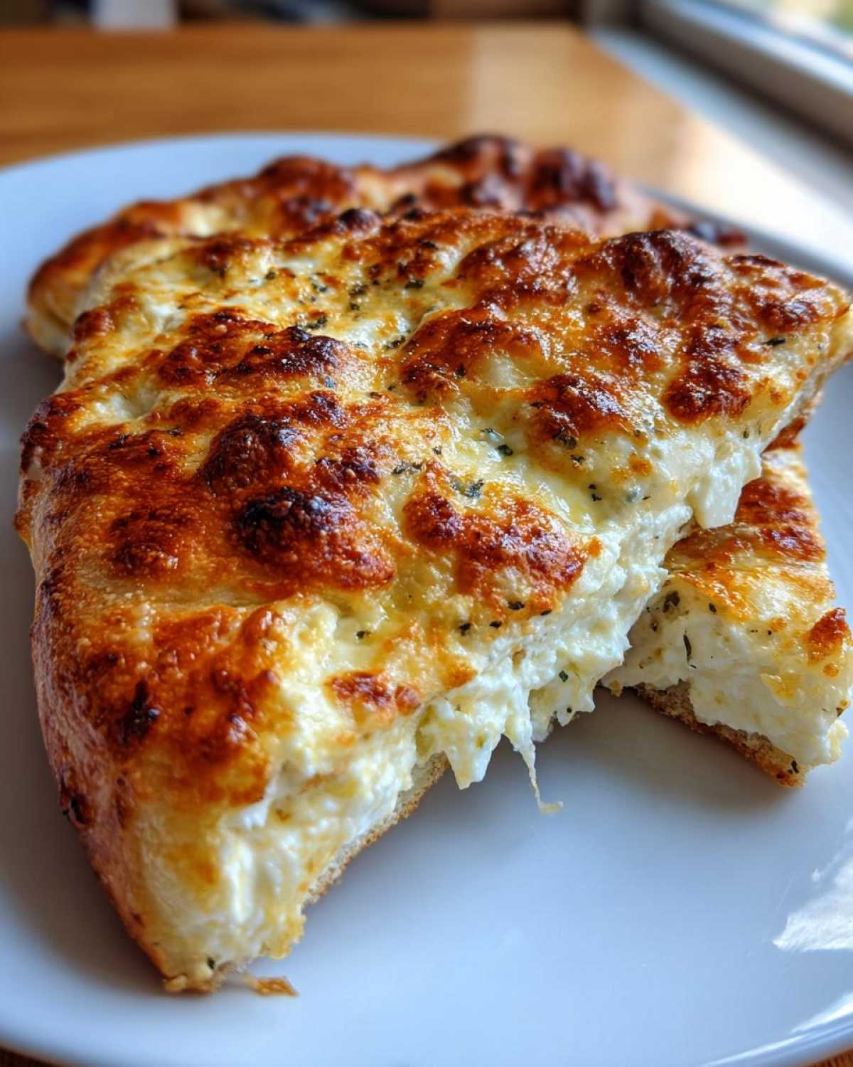A close-up of a thick slice of white pizza showing a rich, creamy ricotta and mozzarella topping baked to a golden brown.