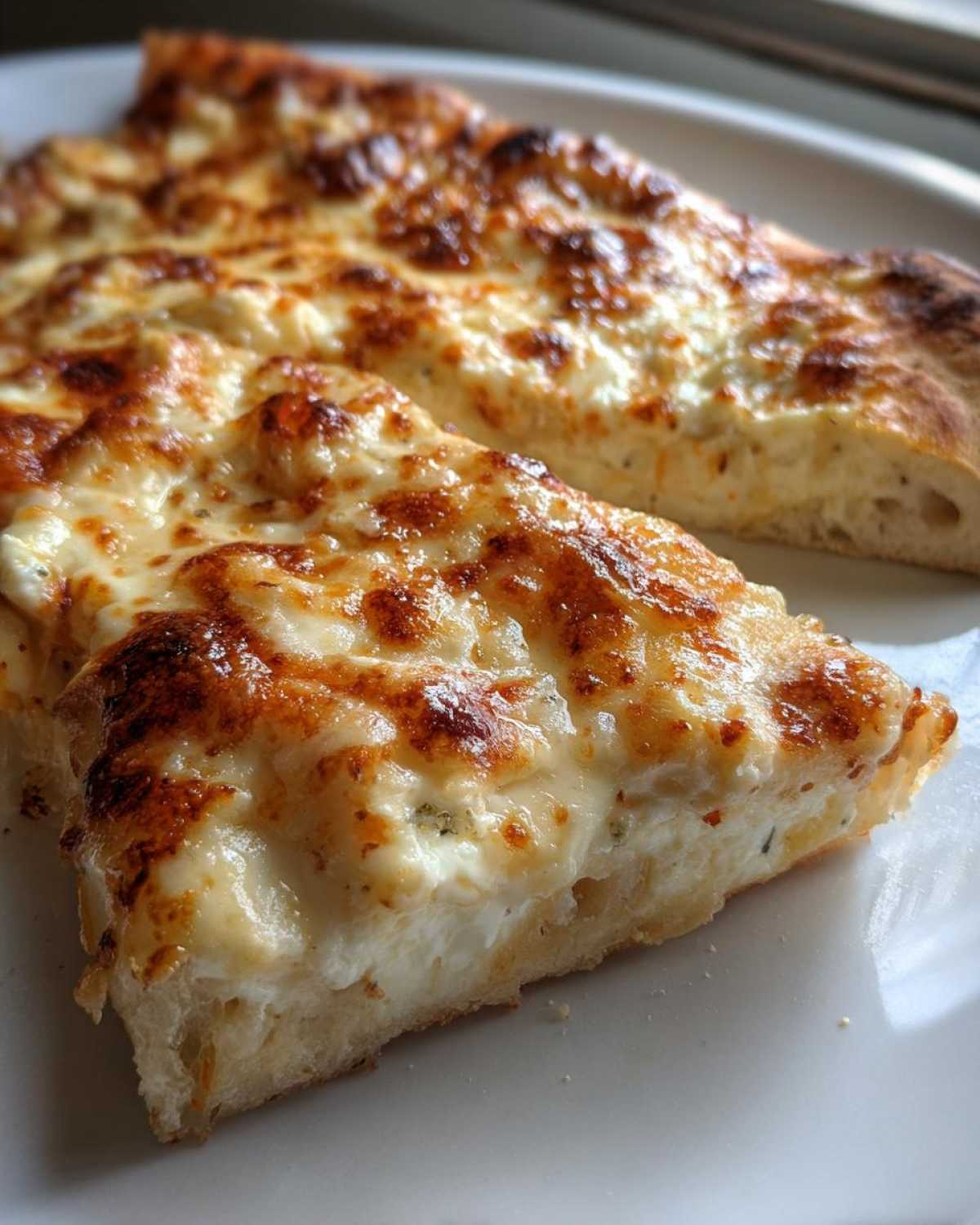 Two slices of amazing white pizza featuring a thick layer of bubbly, browned cheese topping on a fluffy crust.