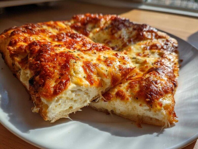 Two thick slices of white pizza with a bubbly, browned cheese topping resting on a white plate.