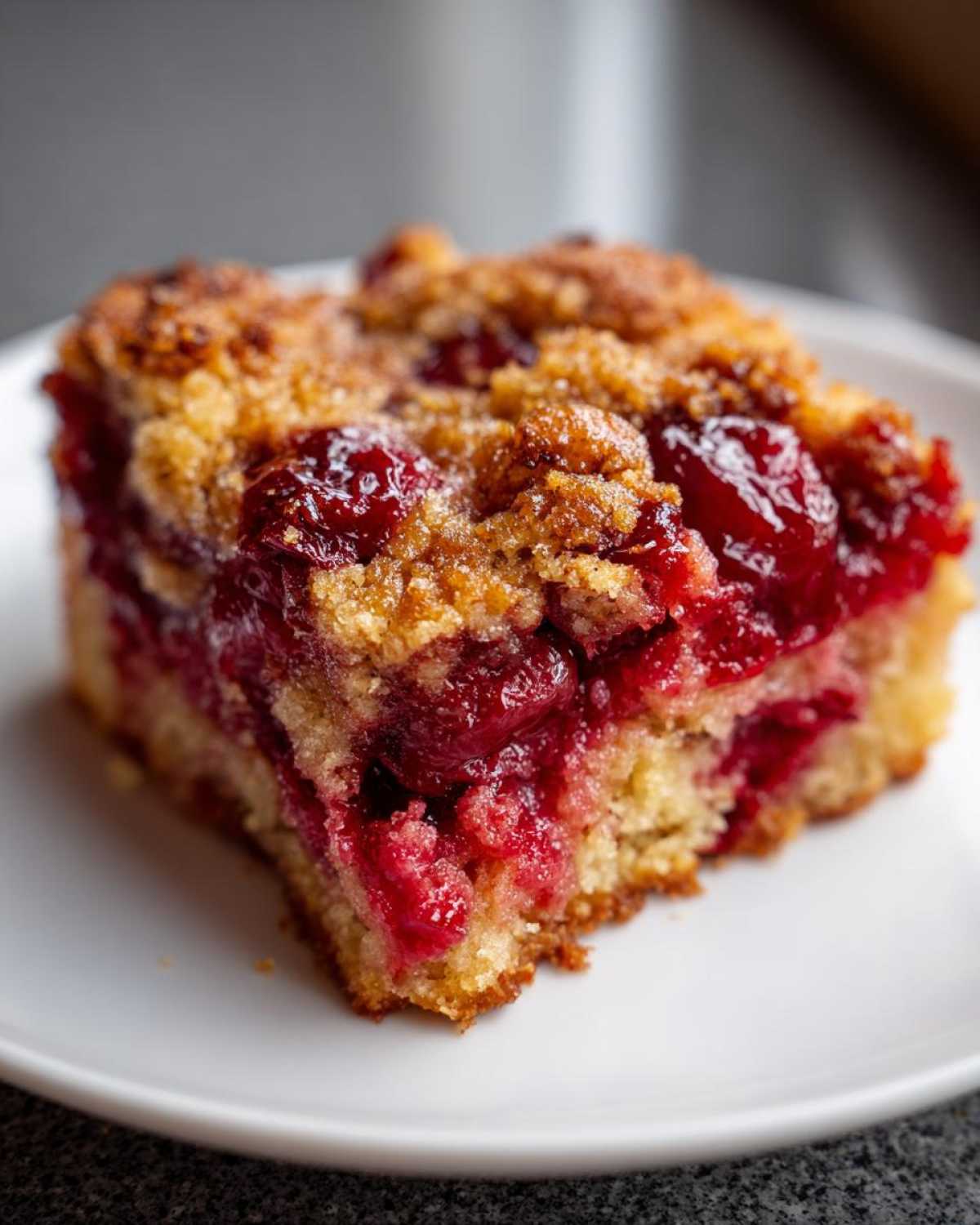 A close-up shot of a moist square slice of cherry dump cake with a crumbly topping on a white plate.