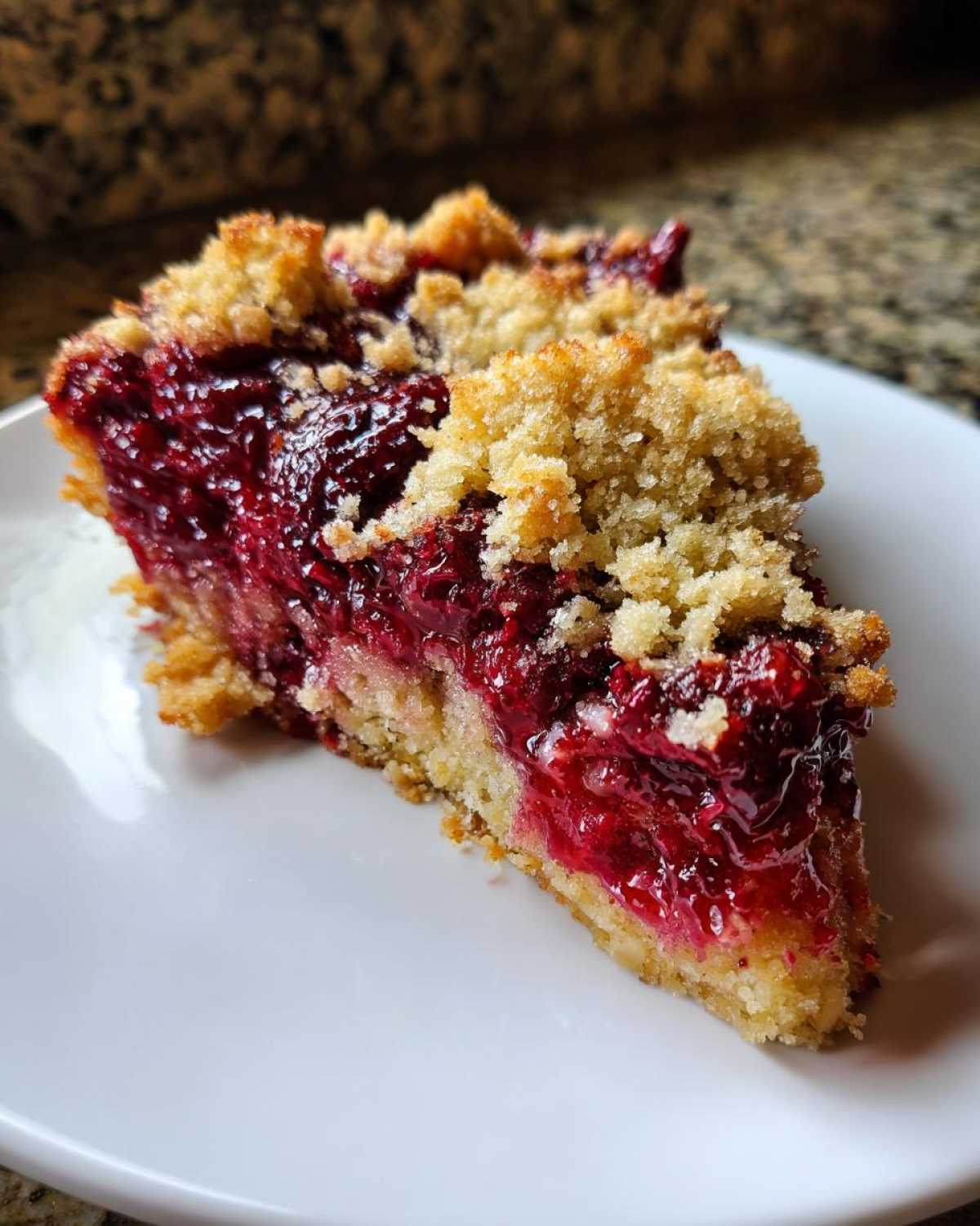Close-up of a rich slice of cherry dump cake showing bright red fruit filling and crumb topping on a white plate.