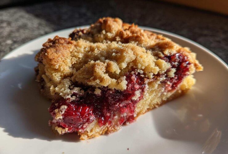 Close-up of a warm slice of cherry dump cake with a crumbly topping on a white plate.