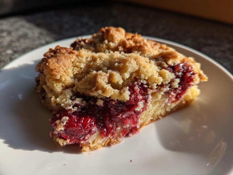Close-up of a warm slice of cherry dump cake with a crumbly topping on a white plate.