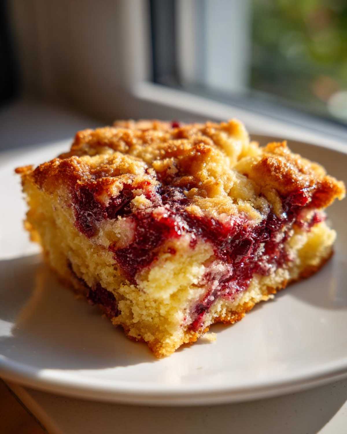 Close-up of a moist slice of cherry dump cake with a crumbly topping on a white plate.