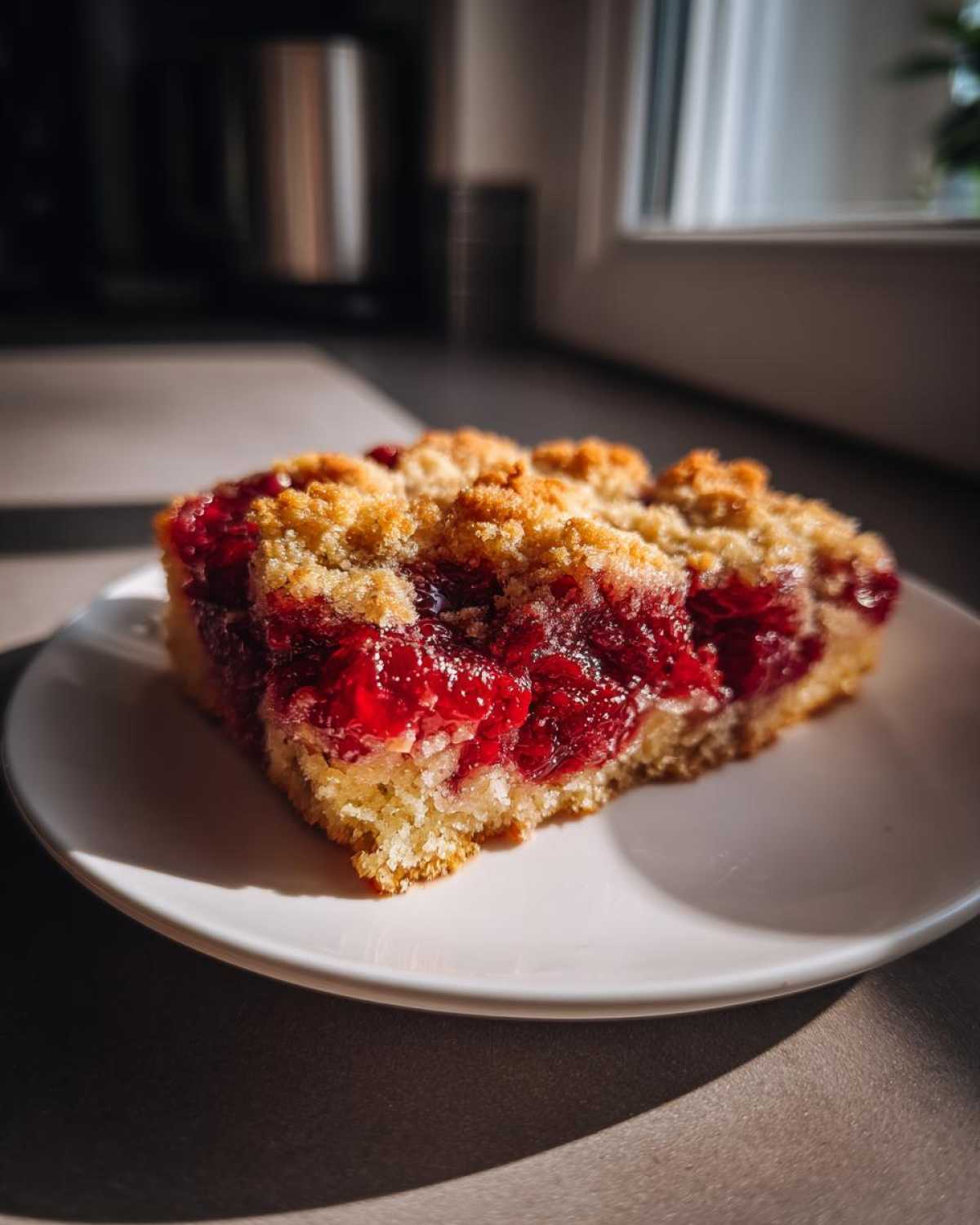 A square slice of moist cherry dump cake with a crumbly topping, served on a white plate.