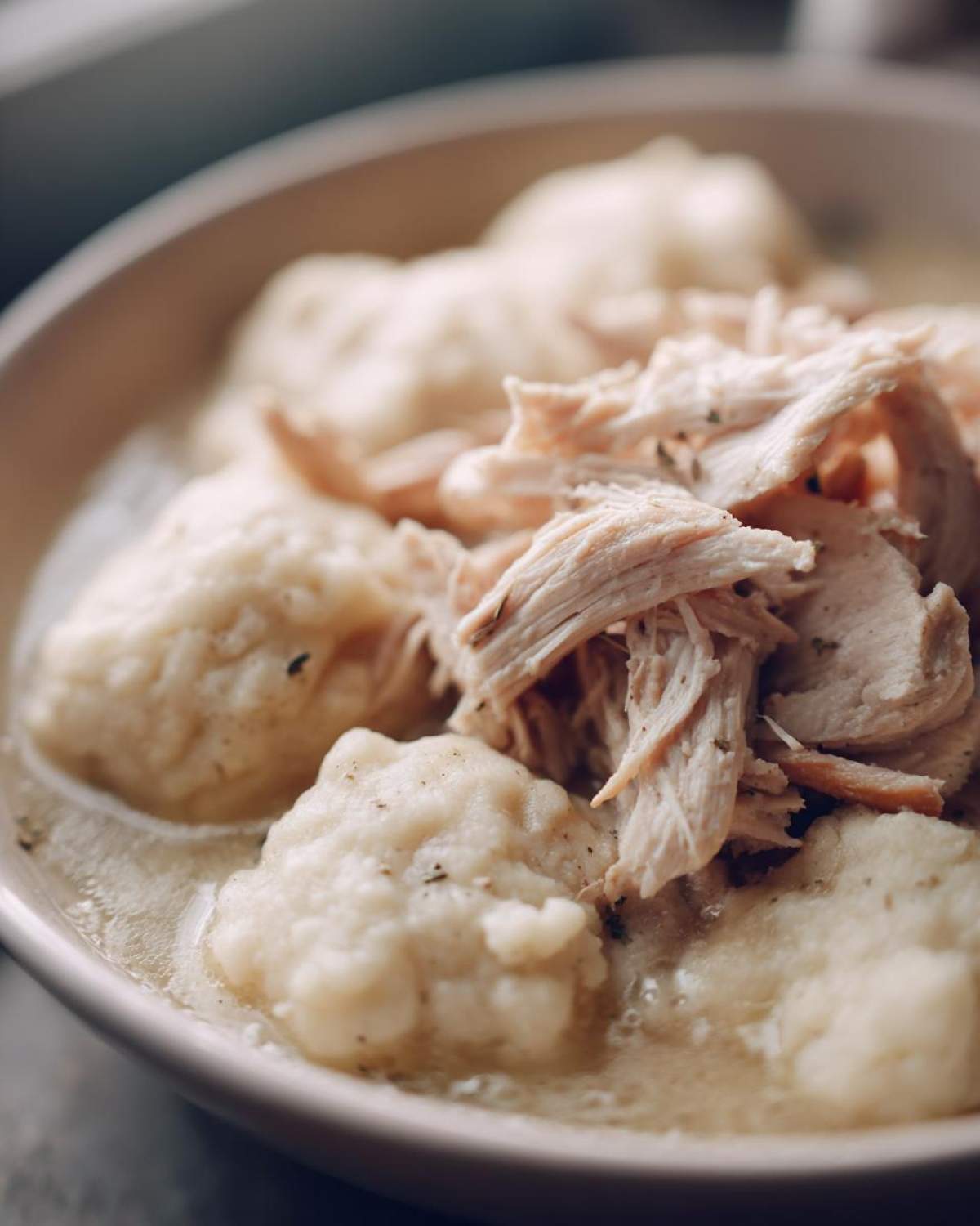 Close-up of a bowl of creamy chicken and dumplings, featuring shredded chicken on top of fluffy dumplings.