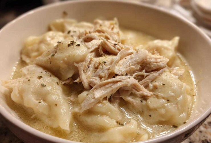 Close-up of a white bowl filled with creamy chicken and dumplings, topped with shredded chicken and herbs.