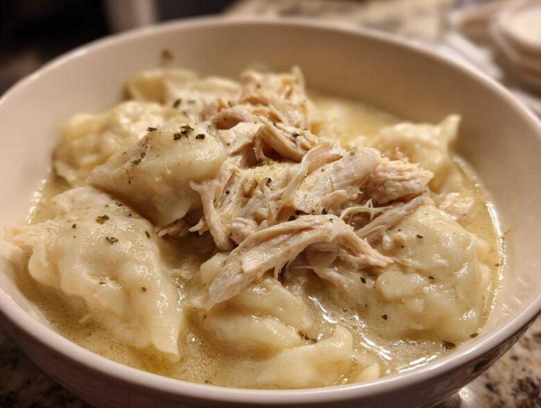 Close-up of a white bowl filled with creamy chicken and dumplings, topped with shredded chicken and herbs.