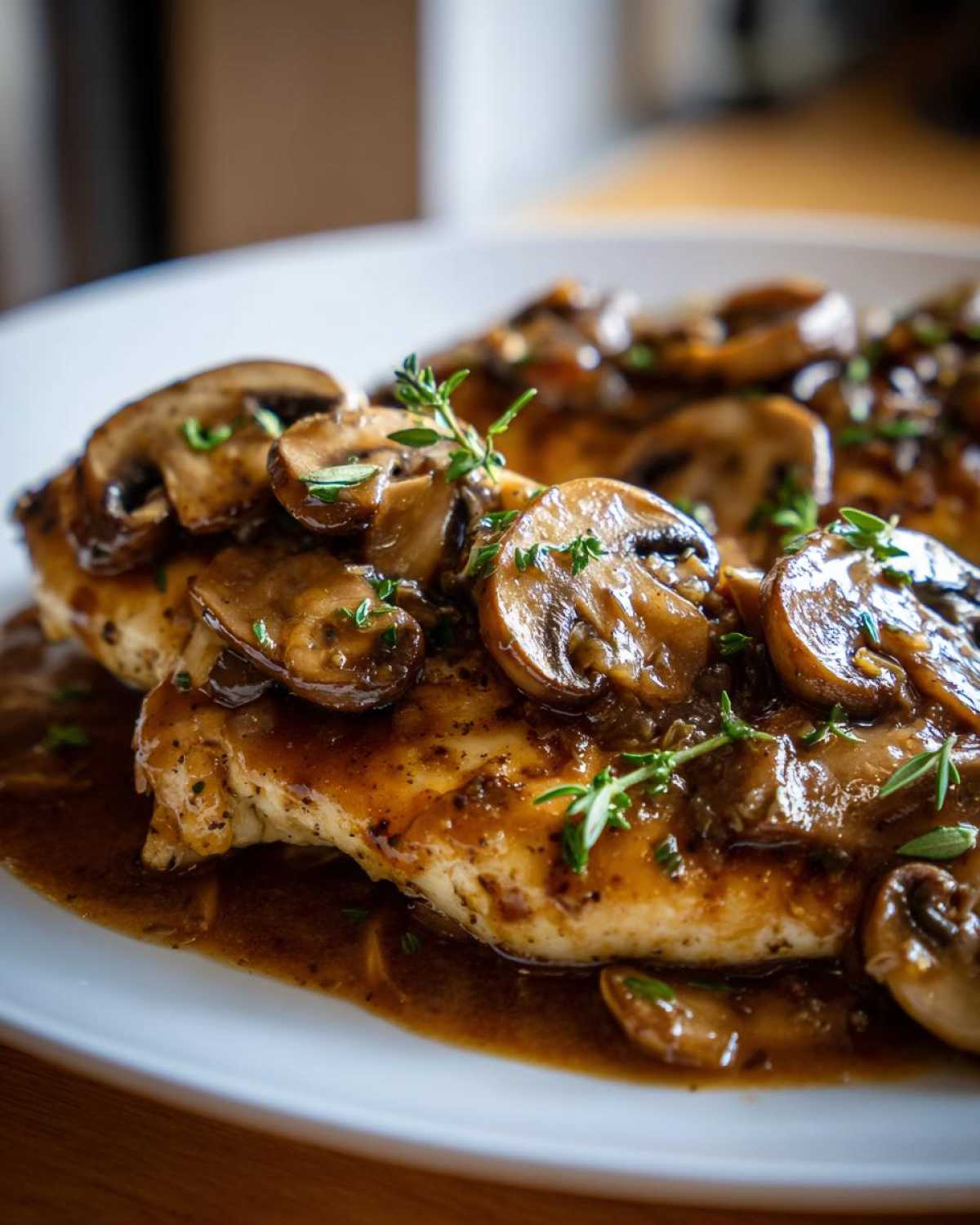 A close-up of pan-seared chicken breast covered in rich brown sauce and sliced mushrooms, classic chicken marsala.