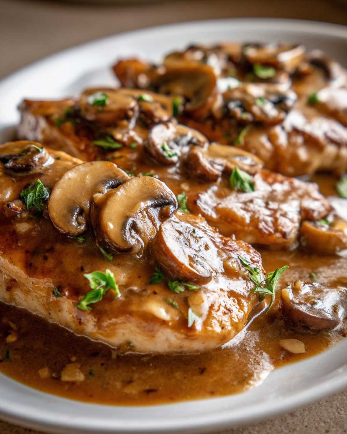 Close-up of pan-seared chicken breasts smothered in rich brown sauce and sliced mushrooms, classic chicken marsala.