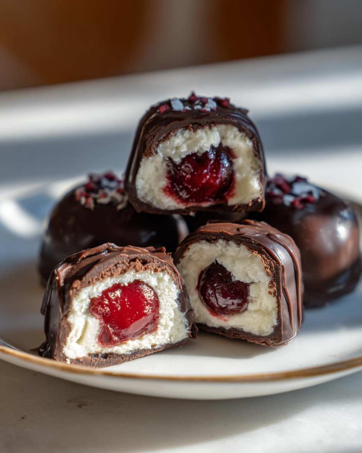 Close-up of homemade chocolate covered cherries cut in half showing the creamy filling and bright red cherry center.