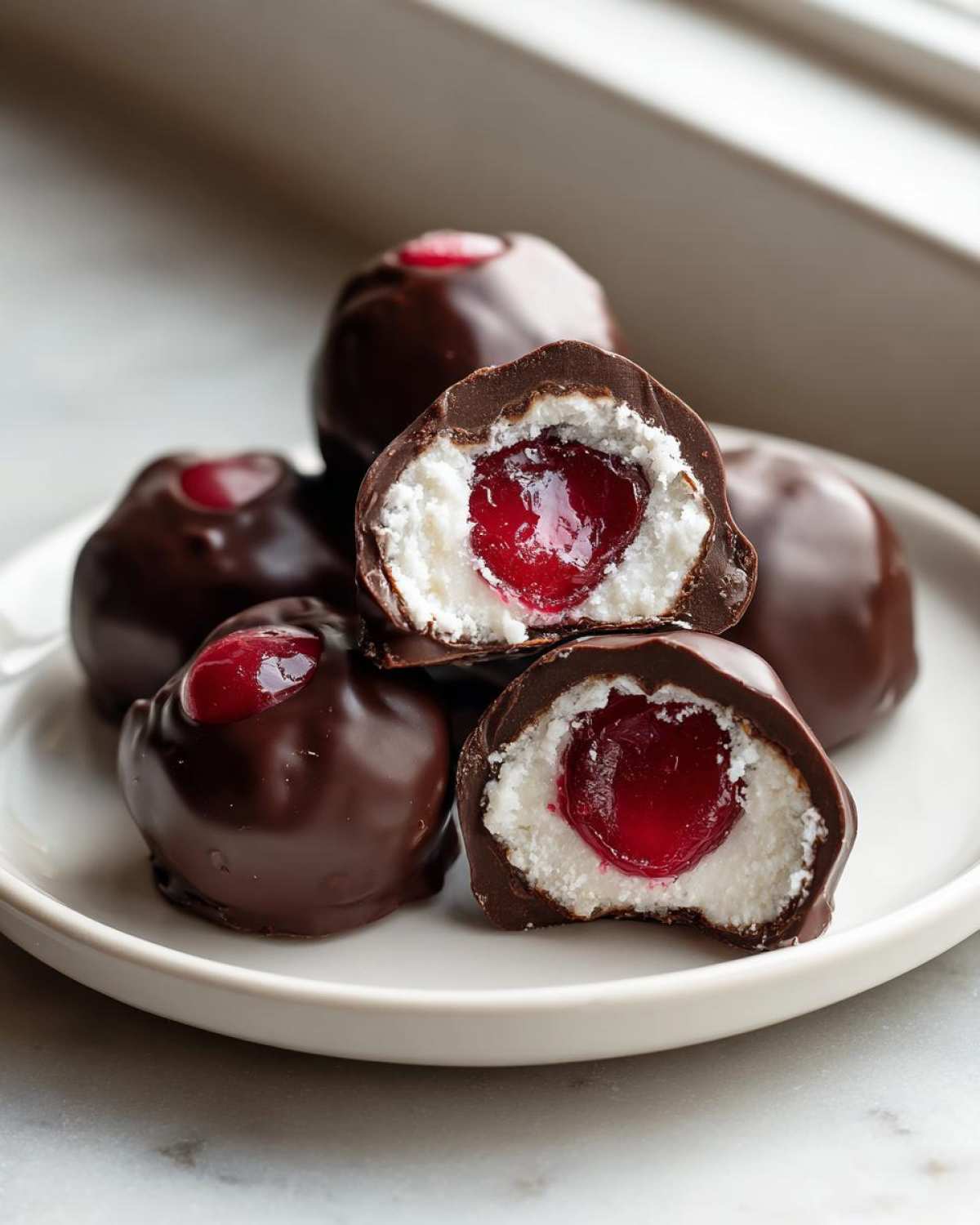Close-up of homemade chocolate covered cherries, one cut open revealing a white cream filling and a bright red cherry center.
