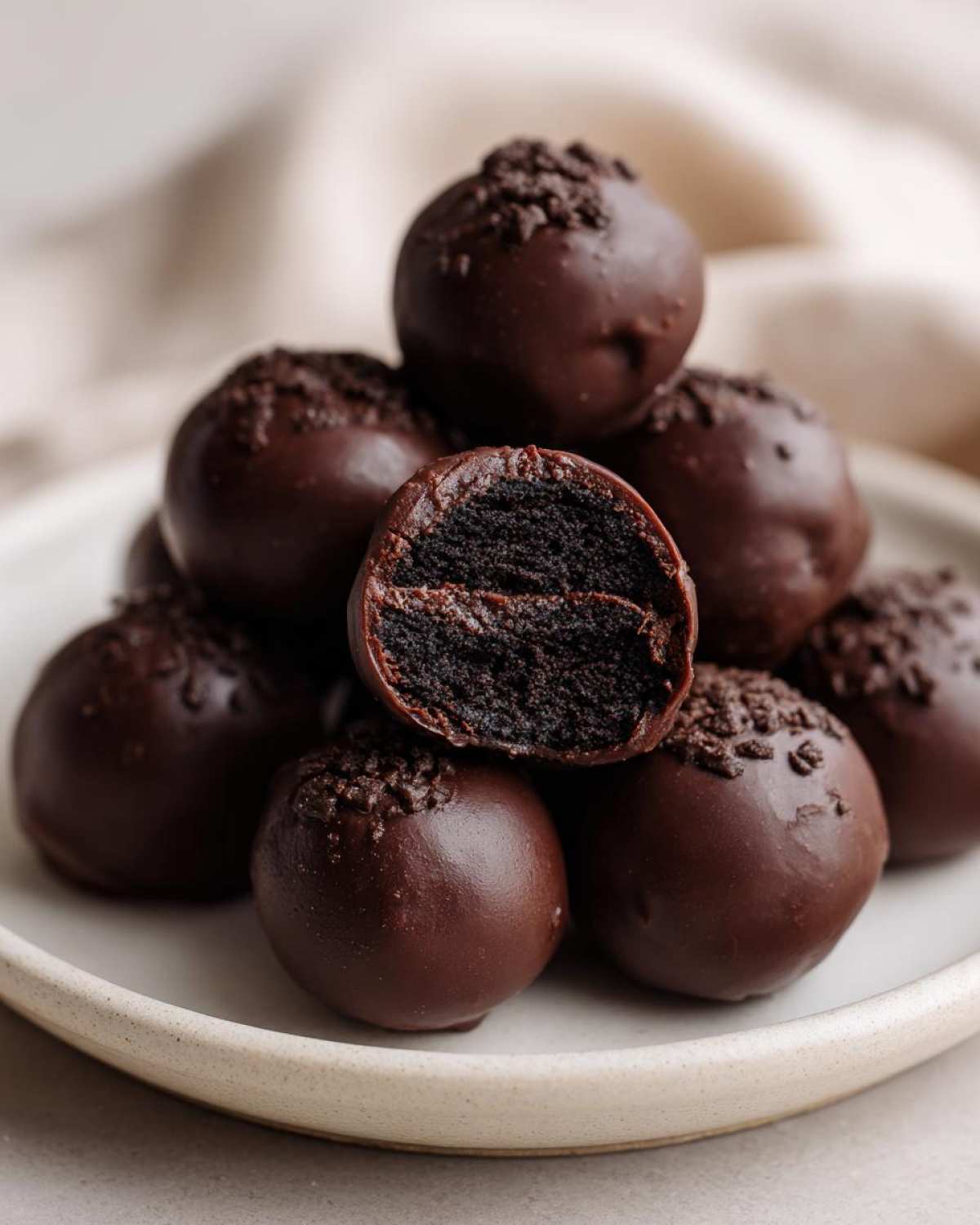 A stack of rich, chocolate-covered Oreo balls, one cut in half showing the dark, dense filling.