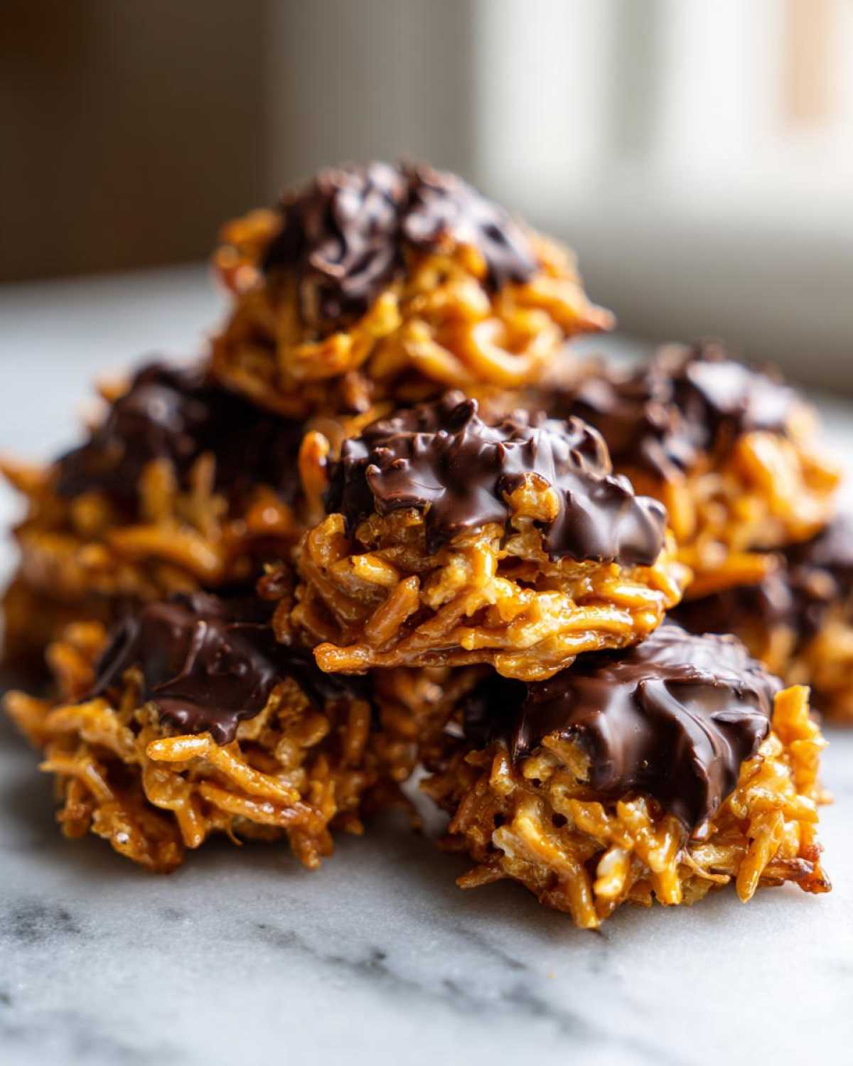 A close-up stack of sweet, crunchy haystack cookies topped with melted dark chocolate.