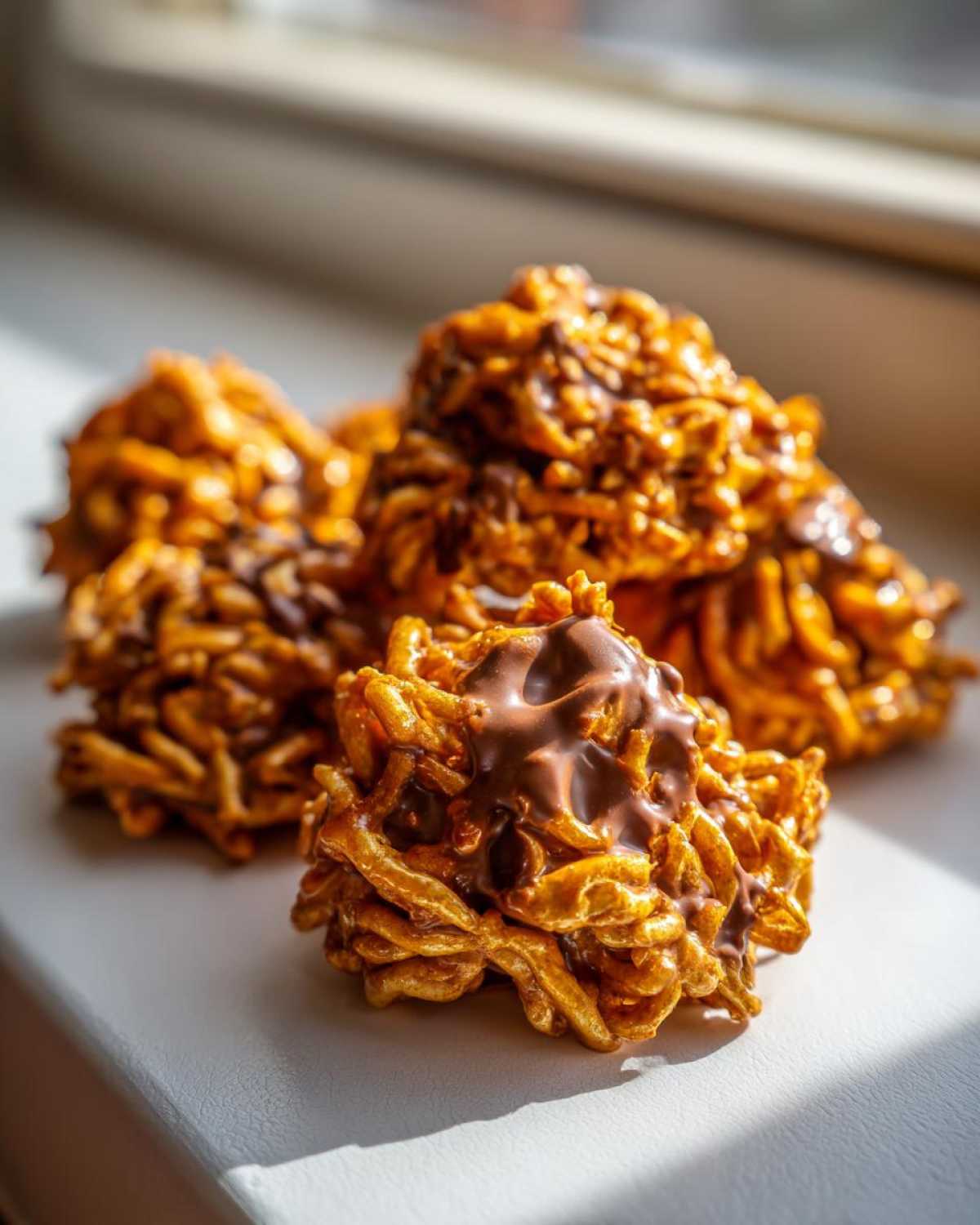 A close-up of several golden, crunchy haystack cookies drizzled with melted chocolate, sitting on a white surface.