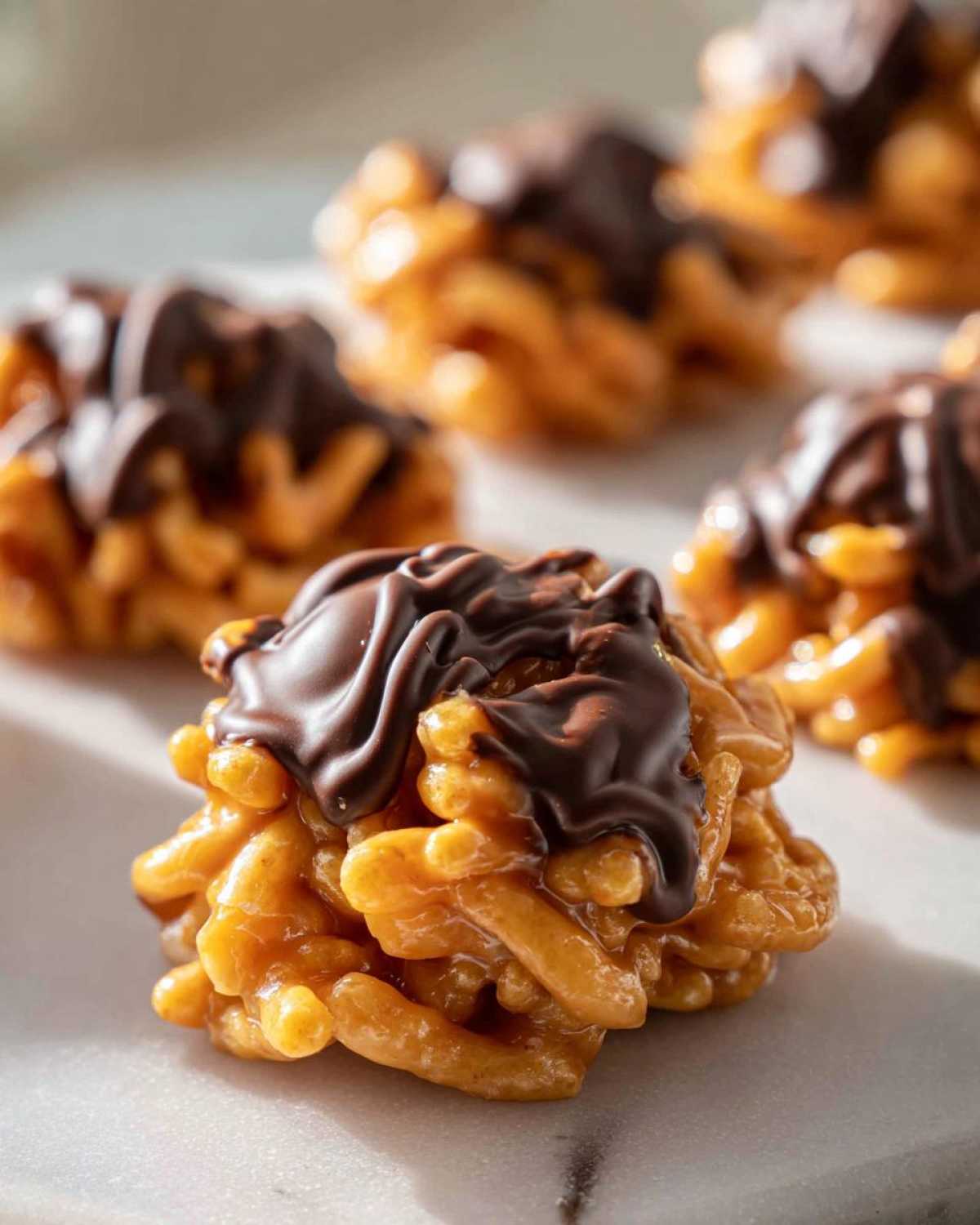 Close-up of a delicious haystack cookie made with chow mein noodles and peanut butter, topped with melted chocolate.