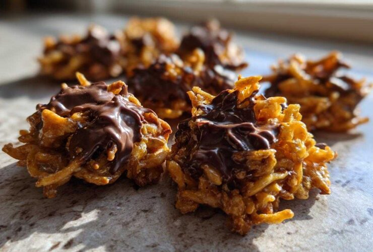 Close-up of two freshly made haystack cookies topped with melted chocolate, sitting on a counter.