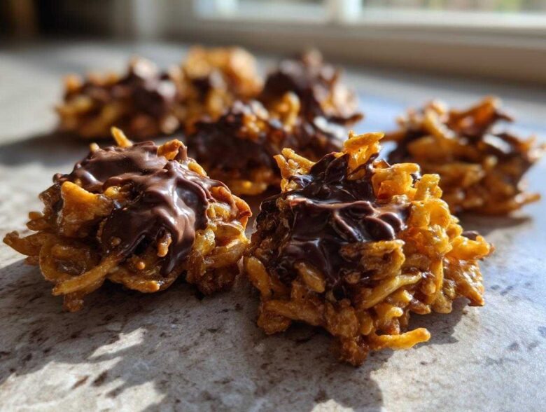 Close-up of two freshly made haystack cookies topped with melted chocolate, sitting on a counter.
