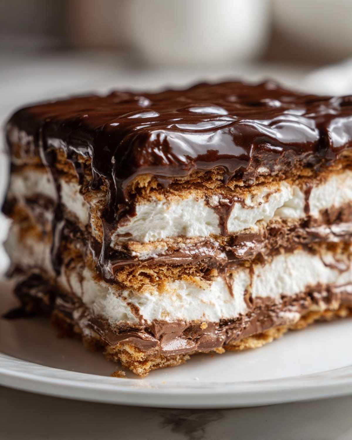 Close-up of a layered slice of chocolate eclair cake showing graham crackers, cream, and thick chocolate glaze.